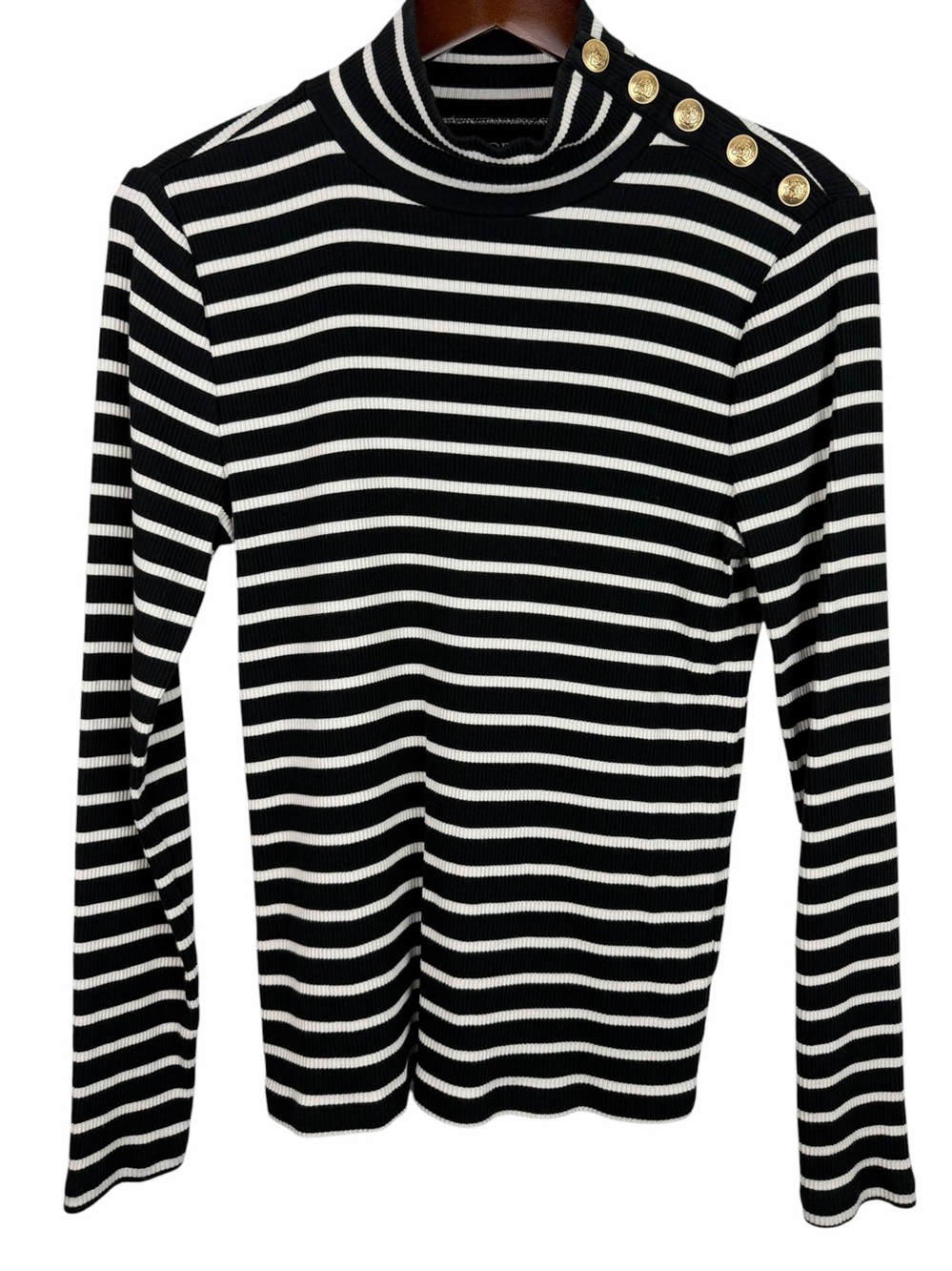 J. Crew | Black White Stripe Ribbed Gold Button Turtleneck Top